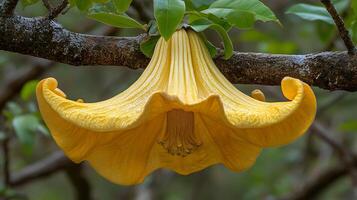 a yellow flower is hanging from a tree branch photo