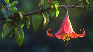 A flower is hanging from a tree branch, wallpaper of flower photo