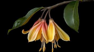 A yellow and pink flower is hanging from a branch photo