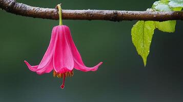 A pink flower hangs from a branch photo