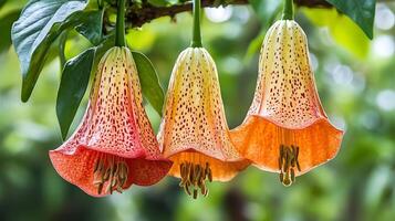 Three orange and yellow flowers hanging from a tree photo