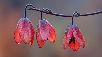Three red flowers hang from a branch photo
