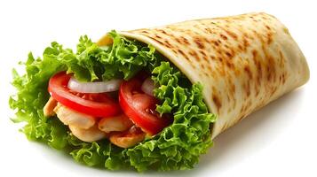 a wrap with chicken, lettuce and tomatoes, food image photo