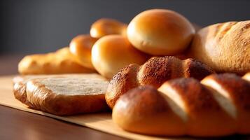 A variety of breads on a wooden table photo