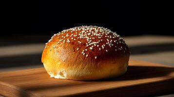 A bun with sesame seeds on top on a wooden board photo