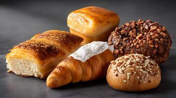 A variety of breads and pastries on a black surface photo