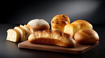 A wooden cutting board with a variety of breads, foods photo