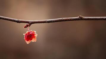 A single red leaf hangs from a branch photo