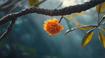 Orange flower on tree branch in the forest photo