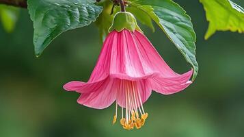 A pink flower with green leaves and a yellow center photo