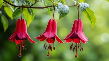 Three red flowers hanging from a tree, flowers image photo