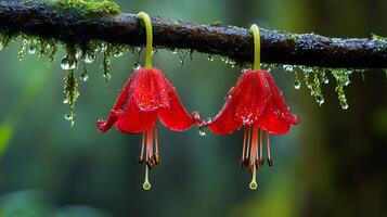 Two red flowers hanging from a branch with water droplets photo