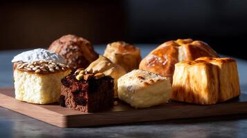 A variety of pastries on a wooden tray photo