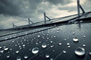 Solar panel array after rain showers under overcast sky environment photo