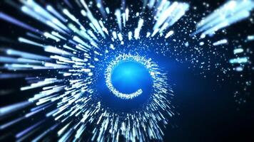 Abstract spiral particle explosion. Glowing bright dust particles flying in a spiral in a vortex of energy, magic particles sparkle on an abstract background. Seamless loop 4k video