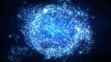 Abstract glowing sphere made of particles, dots and waves of blue color, digital technology background. Dust particles are rotating around the energy ball video