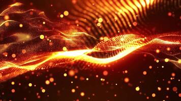Abstract digital wave of yellow and orange particles on a dark background. Dust creates a bokeh effect. Seamless loop 4k . video