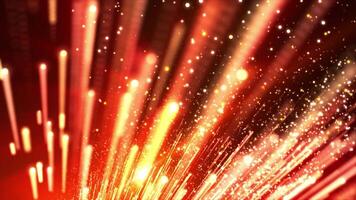 Abstract digital background with glowing golden particles emitting bright rays of light flying upwards. motion of flow of glowing bright lines of particles and glitter dust video