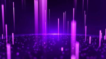 Abstract digital background with glowing neon particles flying upwards. Motion of flow of glowing bright particle lines on colorful background. Seamless loop video