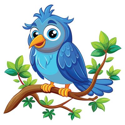Cartoon bird sitting on tree branch isolated on white background