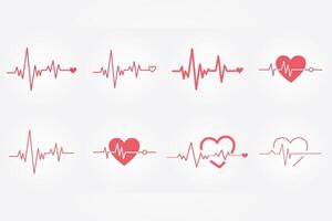 Heartbeat Line Icons Set with Heart Shapes and Pulse Symbols vector