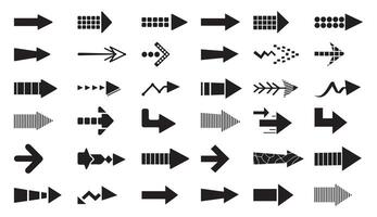 A collection of bold black arrow icons featuring diverse shapes styles and directional patterns vector