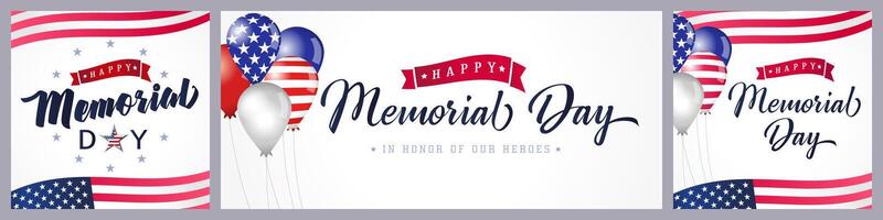 Set of US Memorial Day greeting cards. Horizontal and square design with 3D elements and isolated clipping mask. White backdrop with flag frame. Cute 3D balloons vector