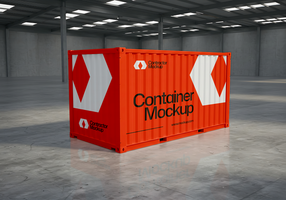 A red shipping container mockup sits in a warehouse displaying a bold design psd