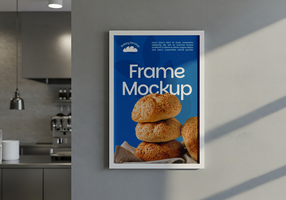 A bakery frame mockup featuring a stack of three freshly baked bread rolls psd