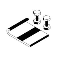 Have a look at this amazing isometric icon of workout mat with dumbbells. vector