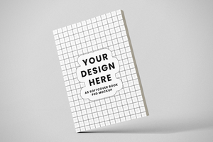 softcover paperback vertical a5 book realistic mockup template in left leaning view psd