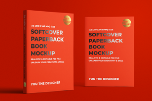 two softcover paperback a5 books realistic mockup template in standing view psd