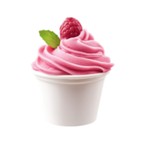 Delicious raspberry soft serve dessert in a cup with fresh raspberry and mint leaf on top png