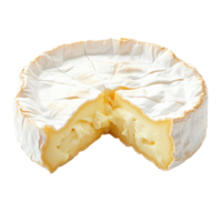 Creamy cheese wheel with a slice cut out, on a plain background for an appetizing display and culinary inspiration png