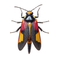 Colorful insect perched on a surface with vibrant patterns and distinct features in natural light png