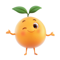 Cute cartoon orange with a leaf smiling and posing cheerfully in a playful setting png