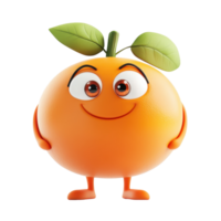 Smiling orange character with bright eyes and green leaves in a playful pose suitable for children's illustrations png