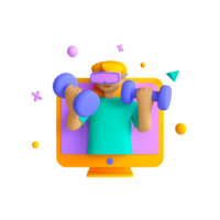 A man is holding a dumbbell in front of a computer screen png