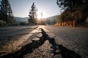 Cracked asphalt road in a forested mountain area with golden morning sunlight. Ideal for illustrating rural decay, earthquake aftermath, climate themes, or infrastructure damage. photo