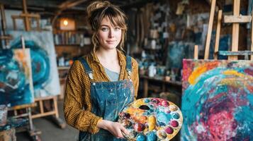 A young female artist standing in a cozy, creative studio holding a colorful paint palette. Perfect for themes of creativity, artistry, expression, lifestyle branding, and visual storytelling photo
