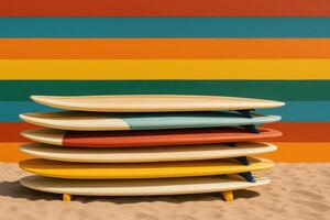 A stack of surfboards on a sandy beach in front of a co. Surf lifestyle image in vibrant beach color palette. Perfect for commercial use, outdoor visuals, brand campaigns, and adventure storytelling photo