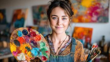 A smiling female artist holds a colorful paint palette and brushes in her hands while standing in a vivid art studio. Perfect for themes of creativity, inspiration, and artistic lifestyle photo