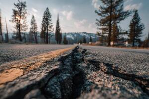 Cracked asphalt road in the forest with warm sunset tones. Ideal for themes of infrastructure damage, earthquakes, decay, environmental hazards, or symbolic imagery of paths and challenges. photo