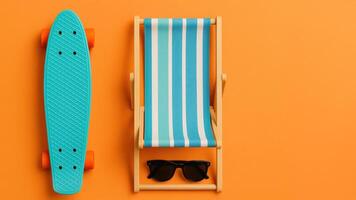 A flat lay of summer accessories with a skateboard beside. Surf lifestyle image in vibrant beach color palette. Perfect for commercial use, outdoor visuals, brand campaigns, and adventure storytelling photo