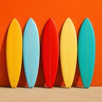 Colorful surfboards in a minimalist style placed against a vibrant orange wall. Perfect for beach lifestyle projects, summer-themed content, sports branding, or travel advertisements photo