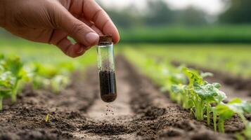 A hand holds a test tube with soil over a cultivated field with seedlings. Great for illustrating agricultural science, farming innovation, soil testing, and sustainable food production themes photo