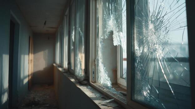Broken hallway windows in a decaying building lit by daylight. Ideal for dramatic scenes, urban exploration visuals, and storytelling about destruction, abandonment, or neglect. photo