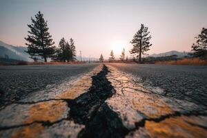 A deep crack cuts through a forest road at golden hour with pine trees and mountain silhouettes in the background. Perfect for themes of seismic damage, isolation, or nature reclaiming infrastructure. photo