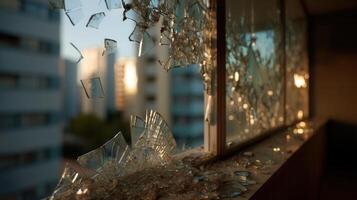 Shattered window glass flying through the air in warm urban sunset light. Perfect for dramatic scenes, disaster visuals, crisis storytelling, or symbolic themes of chaos and fragility. photo