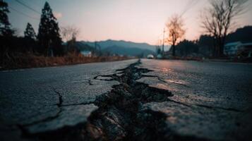 A deep crack runs through a rural asphalt road at sunset with mountains in the background. This image evokes themes of natural disasters, aging infrastructure, and vulnerability in remote areas. photo